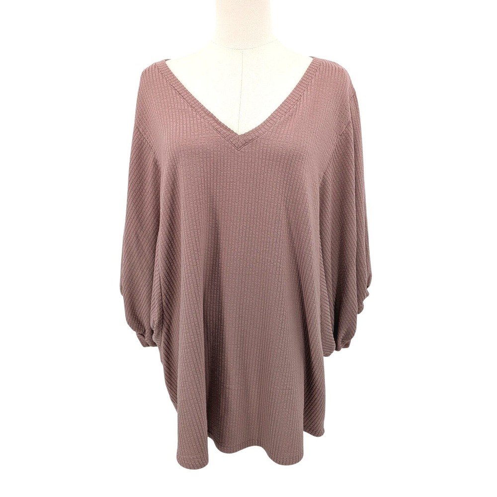 Boho Waffle Knit Tunic Balloon Sleeve Blush Pink‎ XL Casual V-Neck